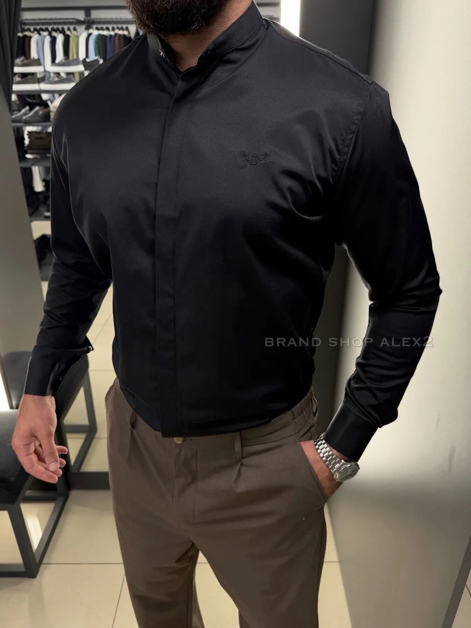 Чорна чоловіча сорочка Armani стійка 