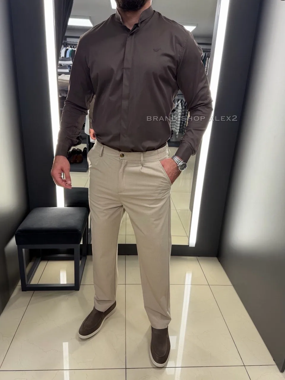 Коричнева чоловіча сорочка Armani стійка  - фото 1